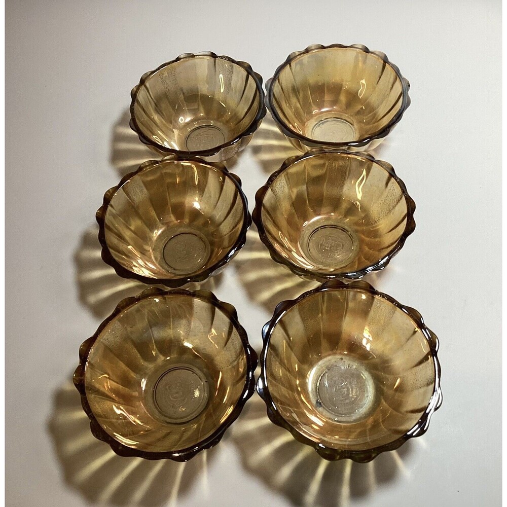 Amber Set Six Flashed Vintage Swirl Fruit Dessert Glass Bowls MC INDIA 3.5in